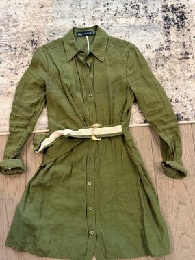 Zara Olive Green Long-Sleeve Shirt Dress with Contrast Belt